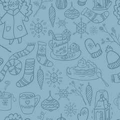 Winter fun hand drawn vector seamless pattern. Decorative traditional elements. Symbols of Christmas.
