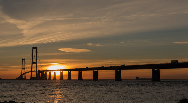 Sunset behind Storebælt bridge