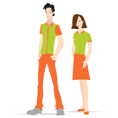 Fototapeta premium Clothing pattern polo shirt, model man and woman, clothing for the corporate staff, the store cashier, vector
