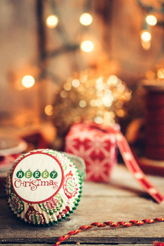 Merry christmas decoration on rustic background
