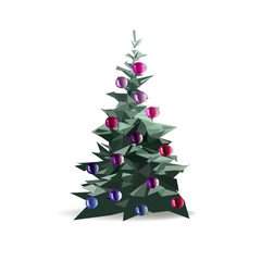 Christmas tree decorated with colored balls, vector isolated