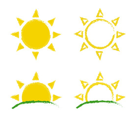 Sun and sunrise grunge emblem set