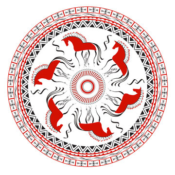 Set with decorative elements of cosmogonic traditional folk art of northern region of Russia. Mezensky red horse. Illustration, vector