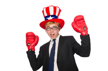 Man wearing hat with american symbols