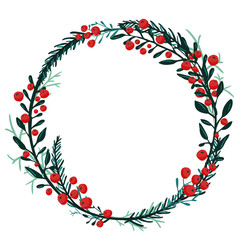 Hand drawn wreath with red berries and fir branches. Round frame for Christmas cards and winter design. Vector layout with copyspace