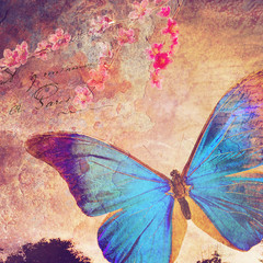 Blue butterfly old postcard