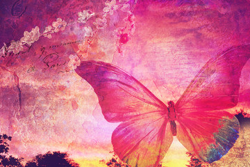 Pink butterfly old postcard