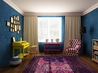 Sitting room and cabinet in bright colors with bright yellow vintage table, raspberry red console, bright violet rustic carpet and spotted classic armchair