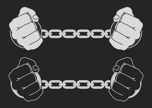 Hands in strained steel handcuffs. Dark vector illustration