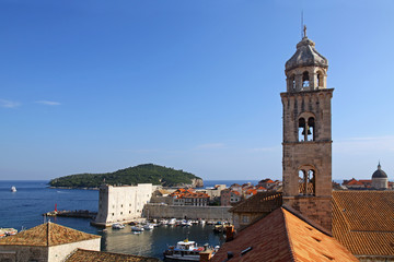 Dubrovnik  rooftops and bell tower viewed from the old town walls.