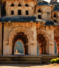 Naklejka premium Ancient ruins of Lotus Temple. Lotus Mahal corridor. Royal Centre. Hampi, Karnataka, India.