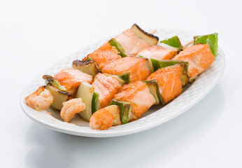 skewers of grilled salmon