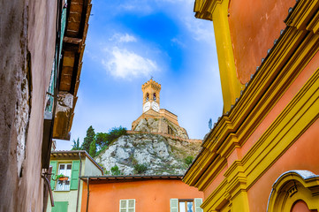 clock tower overlooking Italian  hill village