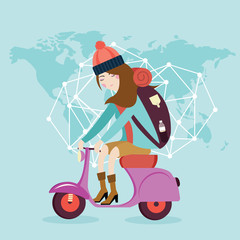 woman riding vespa bike travel around the world map bag