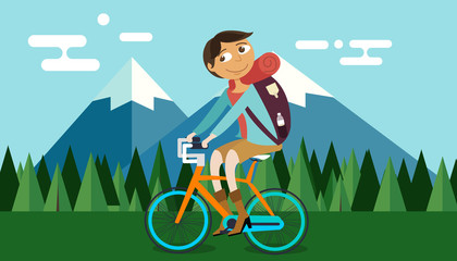 man riding bicycle bike in nature mountain forest background vector illustration