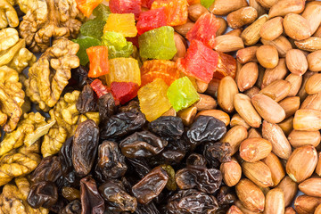Mix of nuts and dry fruits, background, close-up
