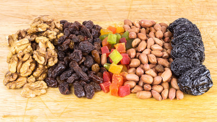 Mix of nuts and dry fruits on wooden background