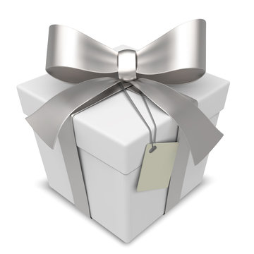 Vector Gift Box. Classic White Gift Box with Silver Ribbons. Blank Label for Copy Space.