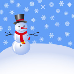 Snowman in the snow against the blue sky with snowflakes. Vector.