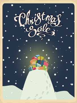 Christmas sale template with lots of gifts and purchases on a big snowdrift