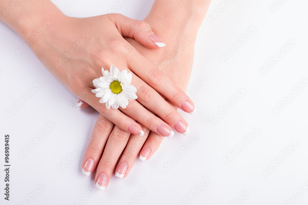 Sticker Manicure with a white chrysanthemum.