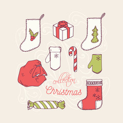 Christmas holiday decoration icons collection. Frosty ornament background