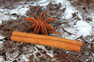 Badiane et cannelle sur copeaux de chocolat et sucre glace 