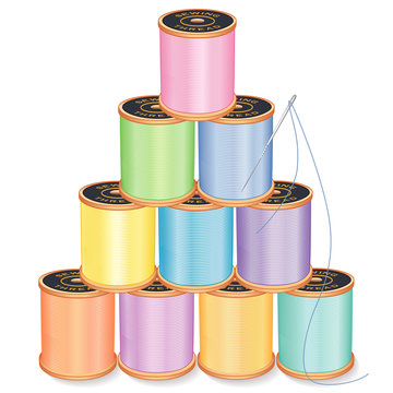 Needle and Threads Pyramid,  pastels, silver needle, 10 spools of thread stack, isolated on white  for sewing, tailoring, quilting, crafts, needlework, do it yourself projects. 