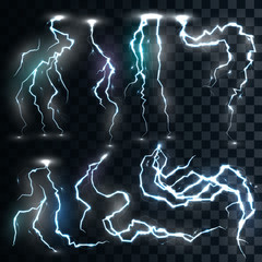 Set isolated realistic lightnings with transparency for design