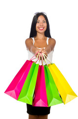 Woman with shopping bags on white