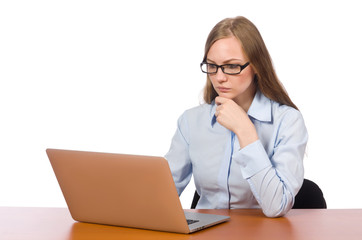 Office employee at work table with laptop isolated on white