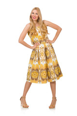Pretty girl in yellow floral dress isolated on white