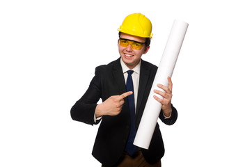Funny architect with drawings on white