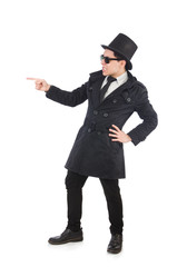 Young detective in black coat isolated on white