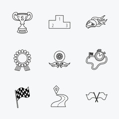 Fototapeta premium Winner cup and award icons. Race flag signs.