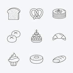 Croissant, pretzel and bread icons. Cupcake.