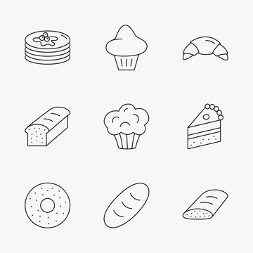 Croissant, cake and bread icons. Muffin.