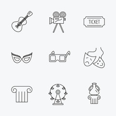 Museum, guitar music and theater masks icons.