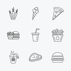 Hamburger, pizza and soft drink icons. Tea bag.