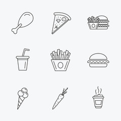 Vegetarian burger, pizza and soft drink icons.