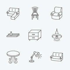 Corner sofa, table and armchair icons.