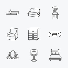 Double bed, table lamp and armchair icons.