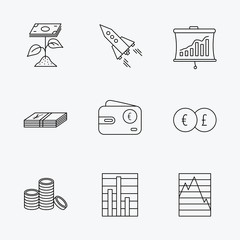 Profit investment, cash money and startup icons.