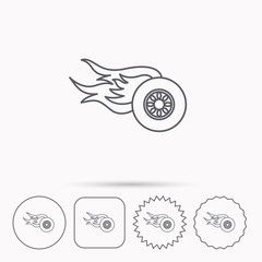 Wheel on fire icon. Race or Speed sign.