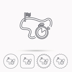 Race road icon. Finishing flag with timer sign.