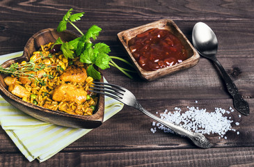 Paella On a wooden table