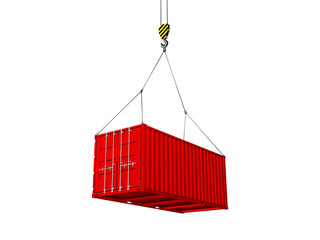 Freight shipping container hanging on crane hook
