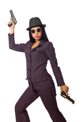 Gangster woman with gun isolated on white