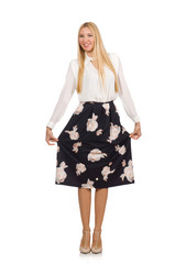 Pretty girl in black skirt with flowers isolated on white
