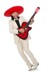 Funny mexican in suit holding guitar isolated on white